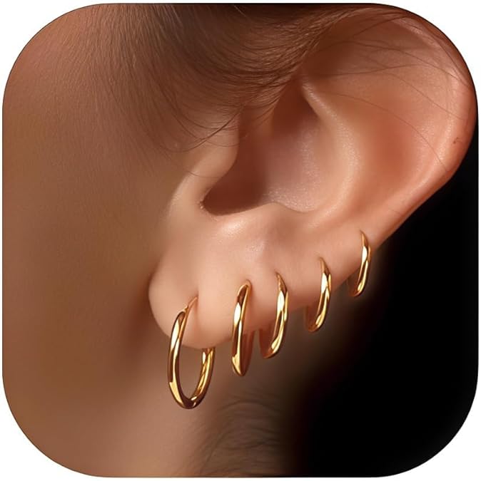 5 Pairs 14K Gold Plated Huggie Hoop Earrings for Women - Lightweight Minimalist Small Hoops,
