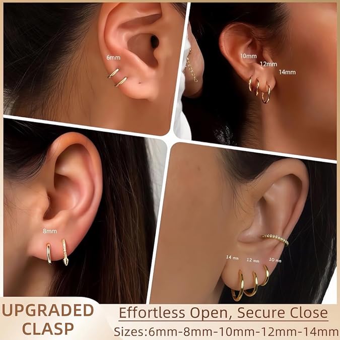 5 Pairs 14K Gold Plated Huggie Hoop Earrings for Women - Lightweight Minimalist Small Hoops,