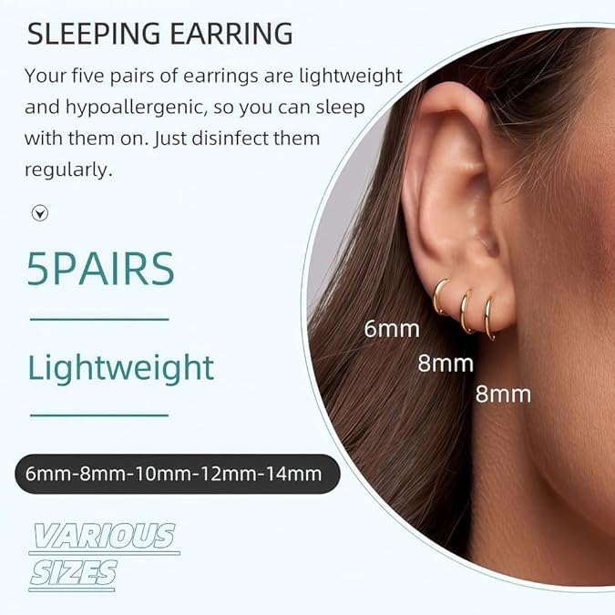 5 Pairs 14K Gold Plated Huggie Hoop Earrings for Women - Lightweight Minimalist Small Hoops,