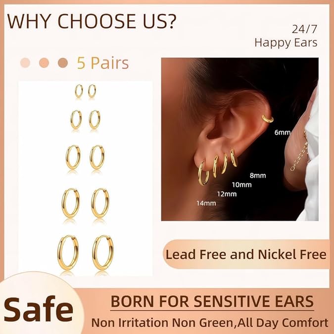 5 Pairs 14K Gold Plated Huggie Hoop Earrings for Women - Lightweight Minimalist Small Hoops,