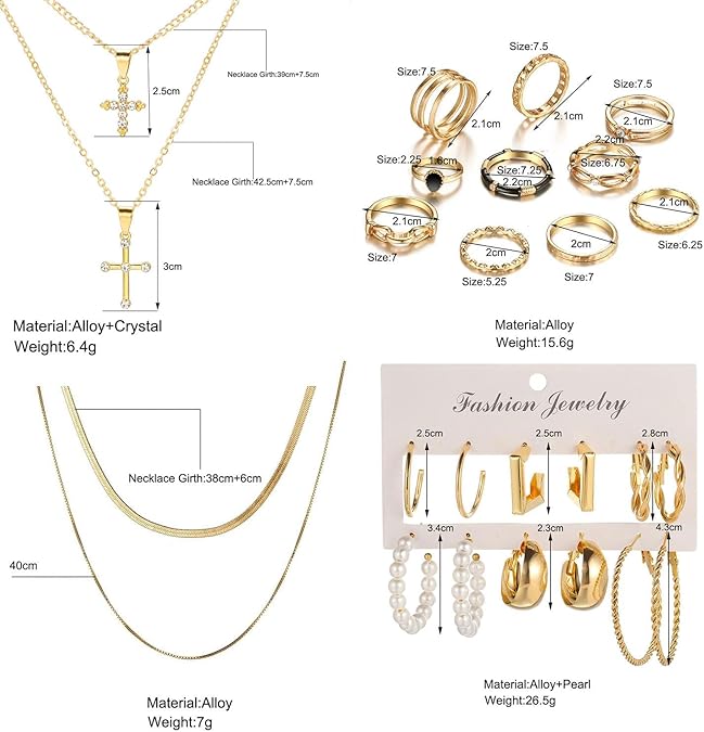73 Pcs Gold Jewelry Set with 6Pcs Layered Necklace, 11 Pcs anklet and 7Pcs Earring Ear Cuff,12Hoop Earrings