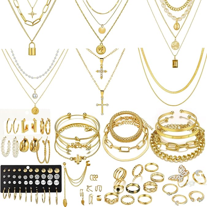 73 Pcs Gold Jewelry Set with 6Pcs Layered Necklace, 11 Pcs anklet and 7Pcs Earring Ear Cuff,12Hoop Earrings