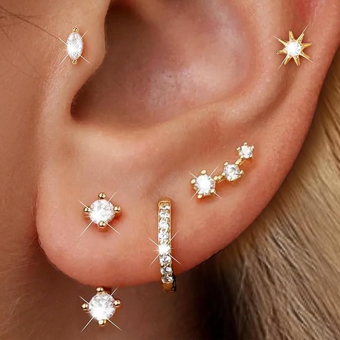 6 Pairs 14K Gold Plated Stud Earrings for Women, Hypoallergenic Cartilage Earrings for Multiple Piercing, Dainty Small Stackable Earrings Jewelry Set